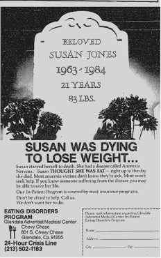 An ad by the Glendale Adventist Medical Center for an eating disorder crisis helpline. An ad by the Glendale Adventist Medical Center for an eating disorder crisis helpline.